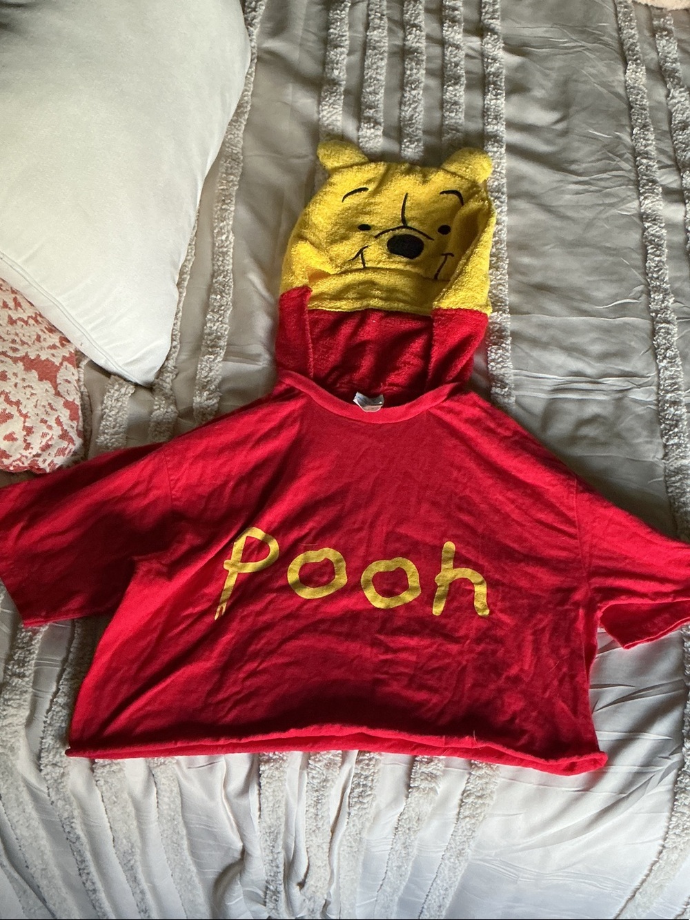 HALLOWEEN COSTUME  FITS WOMEN MED Pooh Red & Yellow Hooded Sweatshirt CROP TOP